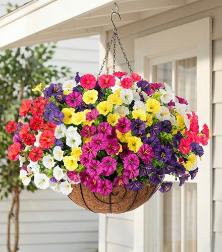 Artificial Faux Hanging Plants Flowers for Outdoors Baskets Spring Outside Decor, Fake Silk Morning Glory in Planter Look Real UV Resistant Outdoor Flowers for Porch Patio Balcony Garden Yard Home - color: B 6 Mixed