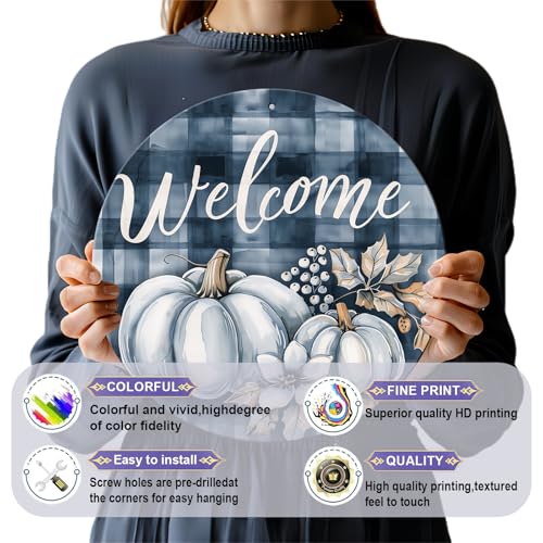 Vintage Pumpkin Welcome Fall Round Metal Sign Pumpkin Sign Farmhouse Rustic Wreath Wall Decoration for Indoor Outdoor Home Porch Window Decor 12 Inch - color: Thanksgiving 10, size: 12 inches