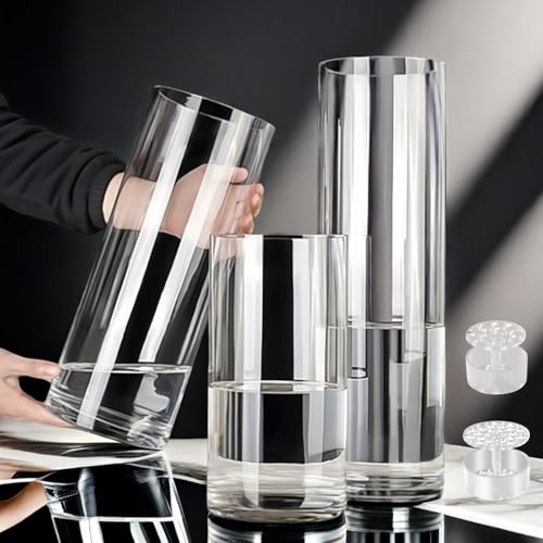 3 Clear Acrylic Cylinder Vase for Centerpieces, Tall Cylinder Plastic Hurricane Vases, Large Unbreakable Flower Vases for Wedding Bouquet (D 4.8" X H 8" + H 10" + H 12" Set of 3 + 2 Holder) - color: 3 Clear - L