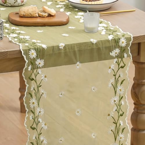 Artoid Mode Daisy Floral Fern Green Shaped Gauze Embroidery Table Runner 120 Inch 10FT, Tulle Spring Summer Kitchen Dining Table Decor for Home Party - color: Fern Green