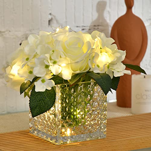Fule Artificial Silk Rose Flower Centerpiece Arrangement in Glass Vase with LED Light for Home Wedding Decoration (White) - color: White