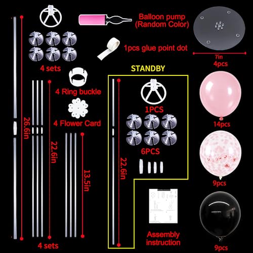 TONIFUL 4 Set Black Pink Balloon Centerpieces for Table,Balloon Stand Kit for Party Decor Sweet 16 18 21st 30 40 50 60 70th Birthday Decorations Anniversary Bridal Shower Graduation Decorations 2026 - color: Black Pink Confetti
