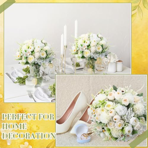 Tigeen 6 Bundles Artificial Bouquet Flowers Artificial Peonies Faux Roses Silk Flowers Hydrangea Bouquet for Wedding Table Centerpiece Floral Vase Decor(White) - color: White