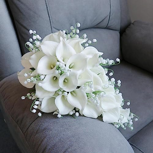 Wedding Bouquet for Bride, White Calla Lily Water Drop Waterfall Romantic Wedding Artificial Flowers Bouquets Cascading Bridal Bouquets for Wedding Ceremony and Anniversary Home Decor, A - color: White Calla Lily Bouquet a