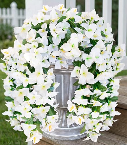 HyeFlora Bougainvillea Artificial Hanging Flowers Plants for Outdoors Decoration, 2pcs White Fake Flowers Silk Bougainvillea Vines Realistic UV Resistant Faux Flowers for Outdoor Planters Patio Yard - color: White