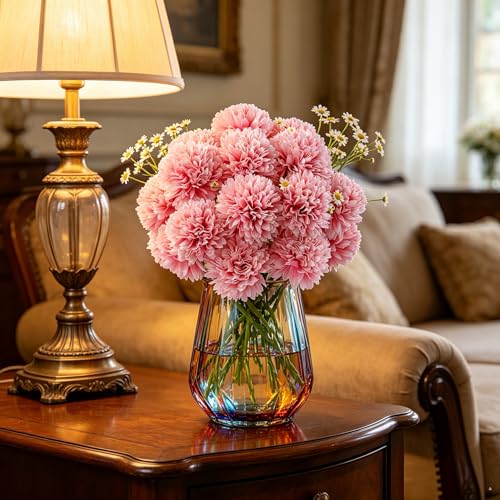 Kimura's Cabin 20Pcs Fake Chrysanthemums Artificial Flowers Silk Faux Mums Flower with Stem Ball Flowers for Wedding Bouquets Party Arrangement Home Kitchen Table DIY Decoration (Pink) - color: Dark Pink Colour