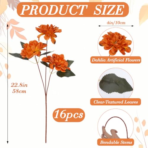 16 PCS Dahlia Artificial Flowers Burnt Orange Silk Bouquet Faux Mums Flowers Arrangement Terracotta Decor Fall Fake Flowers for Home Centerpieces Tables Kitchen Wedding Decoration - color: Burnt Orange