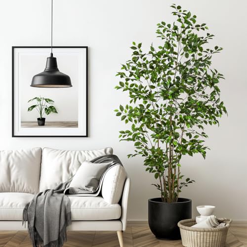 Bailikang Artificial Ficus Tree Indoor 7ft, Large Potted Faux Tree with Realistic Silk Leaves & Trunk for Home Office, Living Room Corner Decor - color: Green, size: 7ft