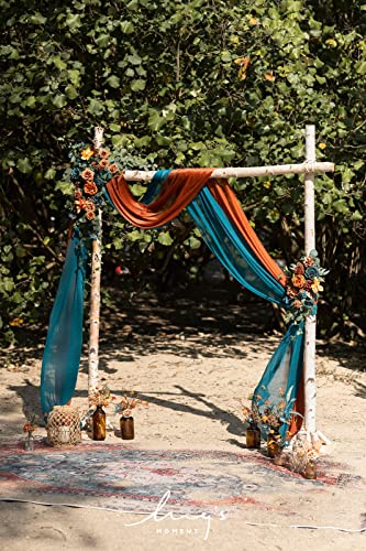 Ling's moment Teal Orange Artificial Wedding Arch Flowers Kit | Pack of 4, 2pcs Hanging Flower Arrangement, 2pcs Chiffon Drapes, Fake Rose, Fall Ceremony Reception Arbor Backdrop Decoration - color: Or-dark Teal & Burnt Orange