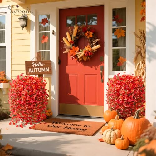 Serwalin 4PCS Artificial Fall Flowers for Outdoors, UV Resistant Fake Silk Artificial Hanging Plants Outdoor for Porch Patio Balcony Outdoor Planter Garden Yard Fall Decor(Orange&Red,4PCS) - color: Orange&red