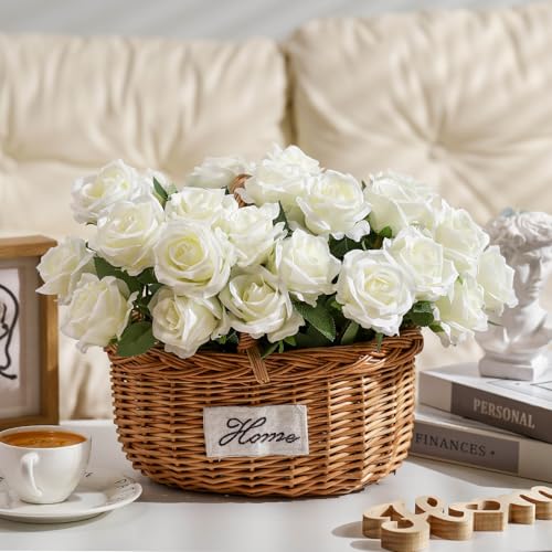 Jexine 60 PCS Artificial Roses Bulk Silk Flowers with Long Stems, Realistic Faux Rose Bouquet for Wedding Centerpieces, Valentine’s Party, Home Decor(White) - color: White