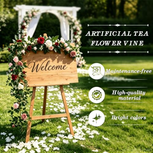 2 Pack 11.2 Ft Artificial Flower Garland with White Roses, Realistic Fake Greenery Vines with 17 Roses Flowers for Wedding Table Centerpieces Arch Party Ceremony Backdrop Decor (Mix RED) - color: Mix Red