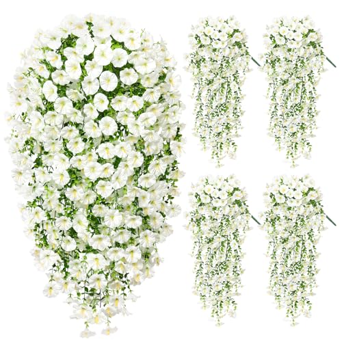 TOCHGREEN Artificial Fake Hanging Flowers Plants for Outdoor Decoration 2PCS Faux Silk Morning Glory Flowers UV Resistant Hanging Plants for Home Porch Patio Garden Decor (4PCS, White) - color: White, size: 4PCS