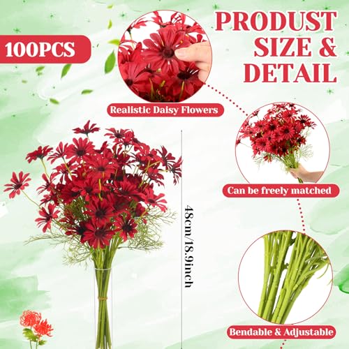 Giegxin 100 Pcs Artificial Daisy Flowers Bulk Realistic Fake Daisies Faux Wildflower Daisy UV Resistant Silk Fake Flowers Plants for Outside Wedding Garden Home Table Decor (Red) - color: Red
