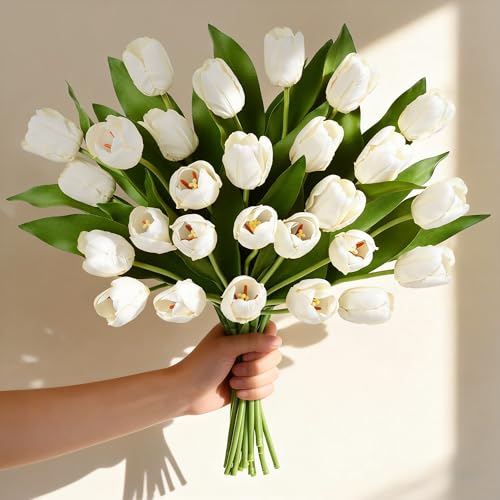 Livole 12 Pcs White Tulips Artificial Flowers Real Touch Tulips Fake Faux Tulip Flower Bouquet for Arrangement Wedding Spring Home Decor Floral Party Centerpiece 14 Inch - color: White