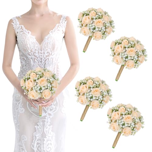 Wedding Bridesmaid Bouquets Set of 4 - 7 Inch Artificial Flower Bouquet for Bridesmaid, Silk Champagne White Rose Fake Small Bouquet Handmade for Wedding Bridal Shower Party Ceremony Anniversary Decor - color: Champagne, size: Set of 4 Bridesmaid Bouquets
