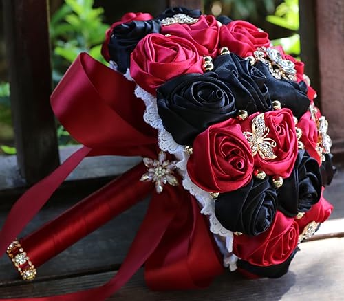 5.9" Mini Bridal Bouquet Handmade Satin Rose Round Wedding Bouquet Throw Toss Artificial Flower Bunch Ruby Red + Black - color: 809a Ruby Red/Black, size: 5.9"/15cm