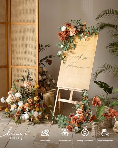 Ling's Moment 2pcs Wedding Flowers Garland Artificial Floral Swag Arch Decorations Rose Greenery Arrangements Sunset Terracotta Ceremony Reception Garden Easel Wall Entryway Outdoor (NOT Include Sign) - color: Sunset Terracotta