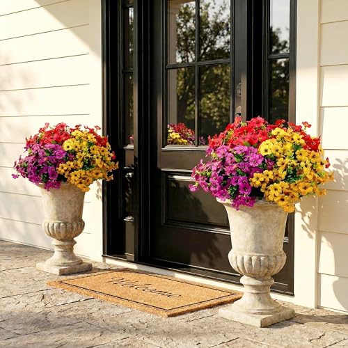 16 Bundles Artificial Flowers for Outdoors, Faux Plants Flowers, Silk Colorful Fake Flowers Eucalyptus Realistic UV Resistant for Outdoors Home Planter Porch Patio Yard Decor (16, Mixed 4 Colors) - color: Mixed 4 Colors