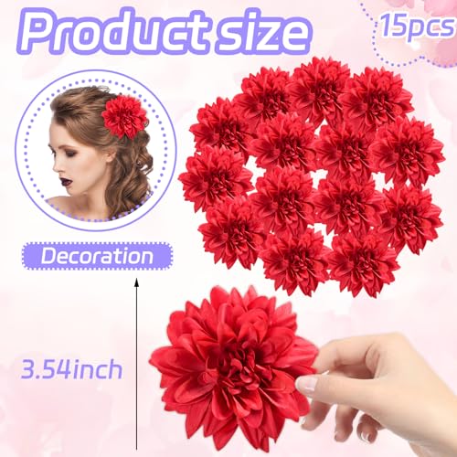 Silk Dahlia Artificial Flowers Bulk, 15 Pcs Fake Dahlias Flowers Heads for Craft, 3.5 Inch Red Large Flower Heads Faux Flowers for Wedding Party, Home Office, Hat, Wall Decoration - color: Red