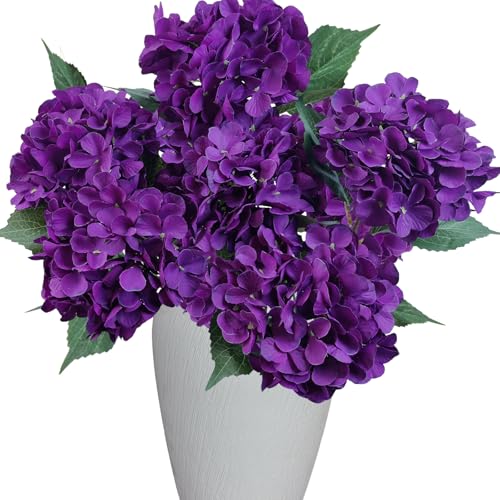 6PCS Premium Deep Purple Hydrangea Artificial Flowers Bouquets, Silk Hydrangea Flowers with Stems, Fake Hydrangeas Arrangement, Faux Hydrangea Decor for Home Wedding Table Centerpieces (Deep Purple) - color: Deep Purple