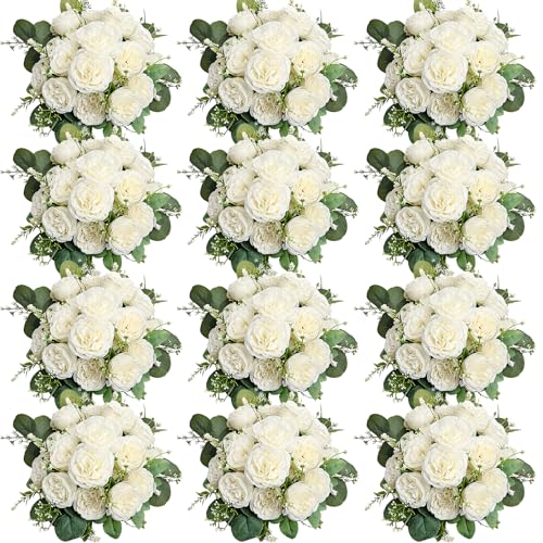 Peonies Artificial Flowers Bulk, 12 Bundles Fake Silk Peonies Faux Eucalyptus Bouquet Ivory Realistic Peony Floral Arrangement for Wedding Table Centerpiece Vase Decor (White) - color: White