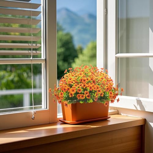 Grunyia Artificial Fake Flowers for Outdoor Spring Decoration, 16 Bundles Faux Silk Colorful Daisy UV Resistant Realistic for Outside Porch Patio Home Yard Garden Planters Pots Window Box (Orange) - color: Orange