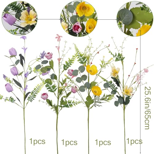 CISDUEO 4 Pcs Wildflowers Artificial Flowers Daisies Roses and Poppies Faux Wildflowers Summer Flowers Artificial for Decoration Spring Silk Floral Arrangement Wedding Party Table Centerpieces Home - color: 4 Pcs-colorful Wildflowers