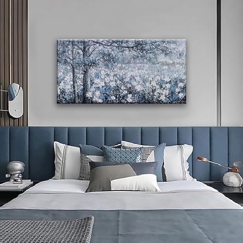 Wall Art for Living Room Blue And White Abstract Tree Flower Modern Artwork Canvas Painting Textured Tree Pictures Wall Decor Bedroom Dining Room Home Office Decor 24"x48" Ready to Hang - color: grey blue, size: 48"L x 24"W