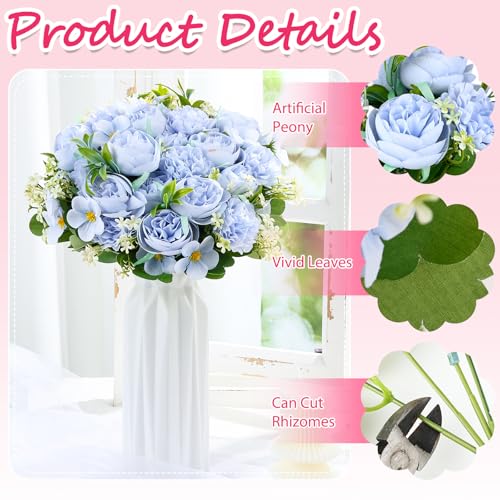Olgaa 12 Bundles Peonies Artificial Flowers Fake Hydrangea Silk Peony Bouquet Bulk for Vase Floral Arrangements Wedding Arch Decor Centerpiece Table Decorations (Blue) - color: Blue