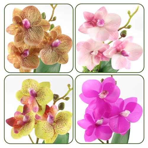 4Pcs Artificial Flowers Orchid Fake Phalaenopsis Small Potted Plant Ceramic Vase for Table Centerpiece Home Office Bathroom Wedding Decor - color: 4 Colors
