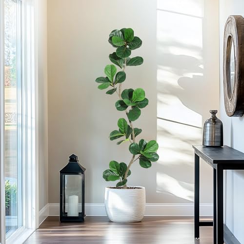 GarveeHome Artificial Fiddle Leaf Fig Tree - 6 ft Fake Plant with Black Nursery Planter, Large Fake Tree for Home or Office Decor - Artificial Plants Indoor Outdoor, Housewarming Gift - size: 6ft