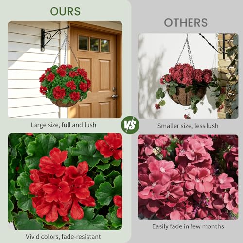 Geraniums Artificial Flowers Hanging Basket for Outdoors, UV Resistant Realistic Artificial Red Geranium Flowers for Outdoor Porch Garden Patio Home Decor - color: Red, size: Medium