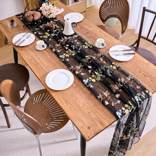 vctops 2 Packs Embroidery Lace Halloween Table Runner 10ft Floral Garden Seasonal Tulle Table Runner Holiday Kitchen Dining Table Decoration for Wedding Party Baby Shower Birthday (Black,30"x120") - color: Black