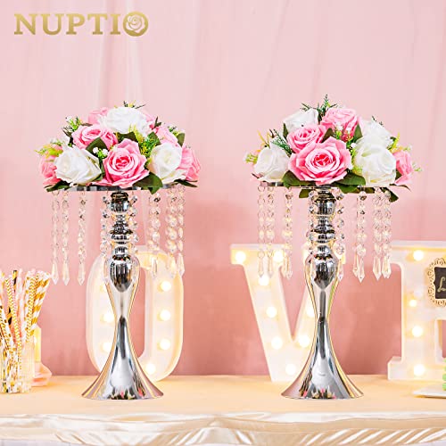Nuptio 2 Pcs Silver Wedding Centerpieces Flower Stand, 13.8in/35cm Tall Artificial Flower Arrangements, Crystal Metal Vase Flower Holders Centerpiece for Wedding Anniversary Ceremony Party Hotel Decor - color: Silver, size: 2 x M
