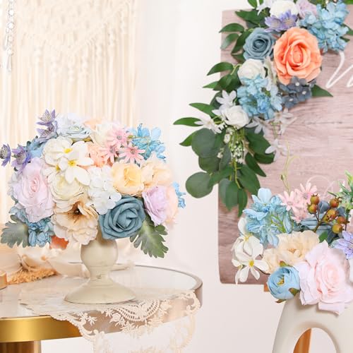 Garisey Artificial Flowers Combo for DIY Wedding Bouquets Combo Centerpieces Arrangements Party Bridal Baby Shower Home Decorations-Blue&White - color: Blue&white