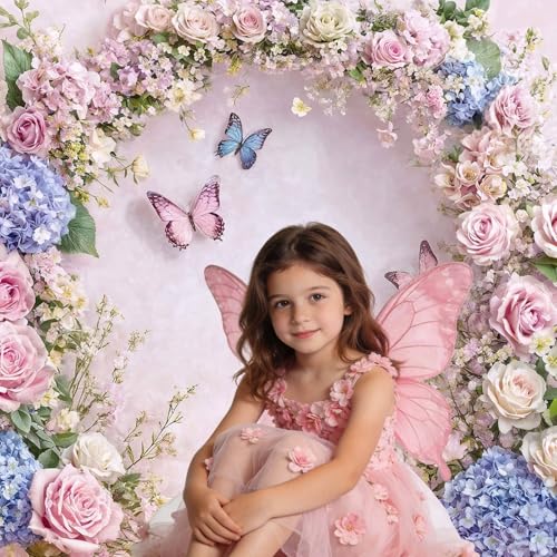 7x5ft Pink Butterfly Floral Backdrop Baby Shower Colorful Flowers Backdrops for Photograph Background Wedding Girl Birthday Table Cake Party Decorations Photo Studio Props - color: Pink03, size: 7X5FT