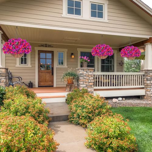 Artificial Hanging Flowers Plant with Basket for Outdoors, Fake Hanging Plants Silk Bougainvillea in Planter Look Real UV Resistant Faux Flower for Outside Porch Patio Garden Home Decor, PurpleHotpink - color: Purplehotpink