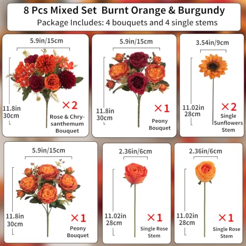 8 Pcs Mixed Autumn Artificial Peony Flower Set-4 Bouquets & 4 Stems, Burnt Orange Wine Red Fake Peony Sunflower Silk Flower for Fall Table Centerpiece Farm Wedding Thanksgiving Halloween Home Decor - color: Burnt Orange & Burgundy, size: Mixed 8pcs