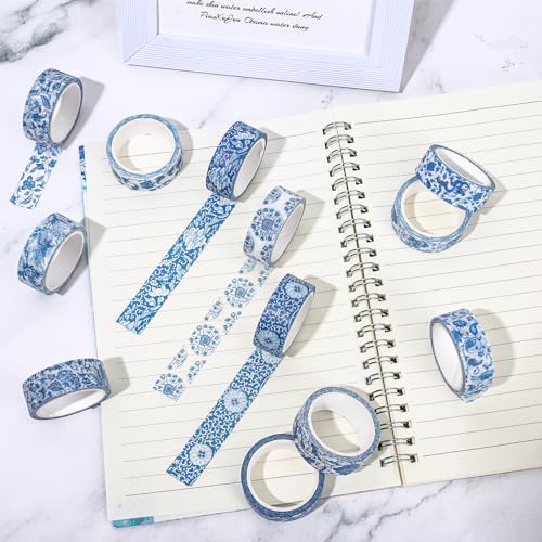 Whaline 12 Rolls Blue Toile Floral Washi Tape Chinoiserie Flower Decorative Paper Masking Tape for Gift Wrapping DIY Craft Journal Scrapbook Envelope Party Decor - color: Blue