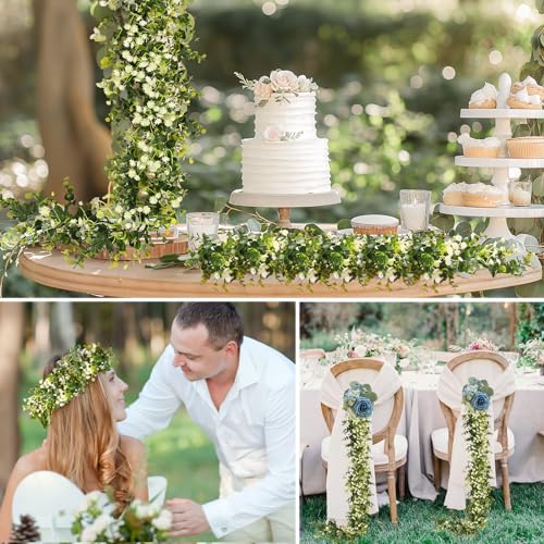 6FT Eucalyptus Garland with Flowers, 2 Pack Artificial Greenery Garland Hanging Summer Eucalyptus Garland Suitable for Table Wedding Backdrop Arch Wall Party UV Protected Indoor Outdoor Decor - size: 2 Pack
