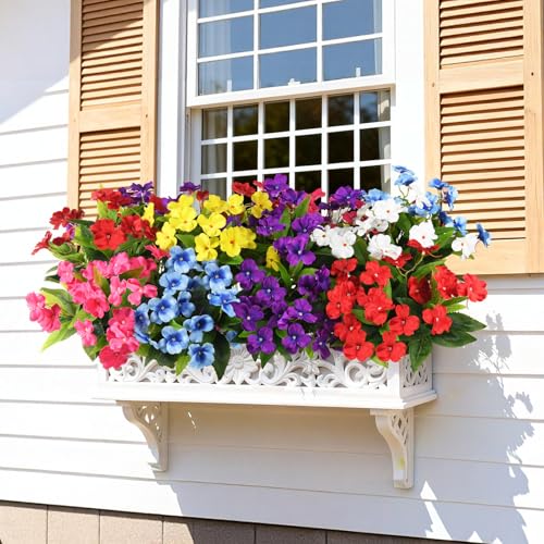 Artificial Impatiens Flowers for Outdoors, 6 Bundles Multicolor Silk Fake Flowers for Spring Summer Decoration, UV Resistant Faux Plants Plastic Bouquet for Home Planter Porch Patio Yard Decor - color: Purple,blue,red,hot Pink,white,yellow