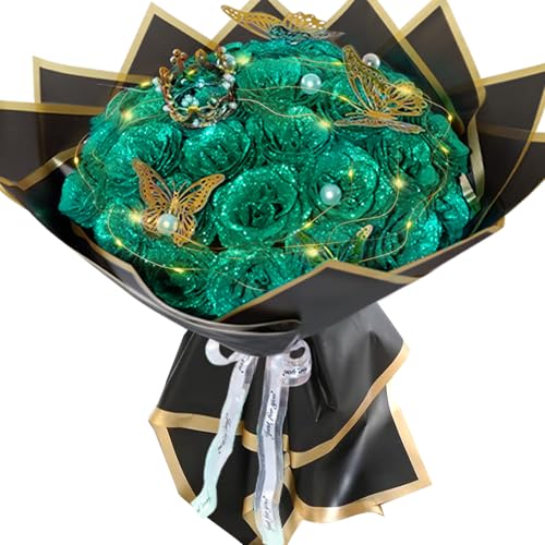 Dark Green Glitter Roses Bouquet, 36 Pcs Shiny Glitter Flowers Bouquet, Everlasting DIY Artificial Roses Bouquet for Christmas, Birthday, Anniversary, Wedding, Engagement - color: Dark Green-a, size: 36 PCS