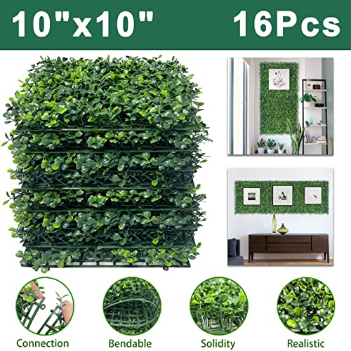 Bybeton Artificial Grass Wall Panels,10"x 10"(16Pcs) Boxwood Privacy Faux Green Wall Plants for Interior Wall, Backdrop,Garden and Outdoor Greenery Wall Decor, Spring Decor - size: 10*10IN 16Pcs