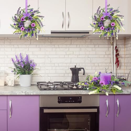 6 Pcs Mini Lavender Hanging Wreaths for Cabinets Purple Daisy Candle Rings Pillar Holder Small Wreath Wild Flower Spring Summer Floral Wreaths for Farmhouse Porch Front Door Window Decor - color: Purple Lavender