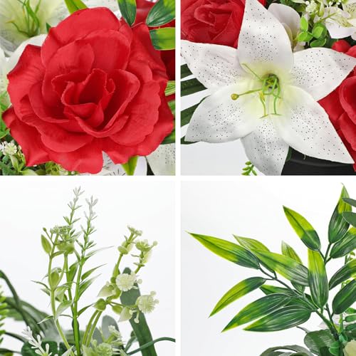 Hollyone Artificial Cemetery Flower for Graves, White Red Faux Lily Rose Flowers in Pot Silk Cemetery Memorial Flowers for Outdoors Gravesites Headstones Home Decoration - color: Red & White-rose Lily