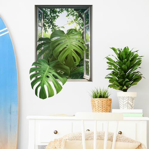 3D Monstera Leaves Fake Window Wall Stickers for Living Room Green Plants Jungle View Wall Decals Removable Peel and Stick Wall Art Home Decor Decoration for Bedroom Bathroom Classroom Library