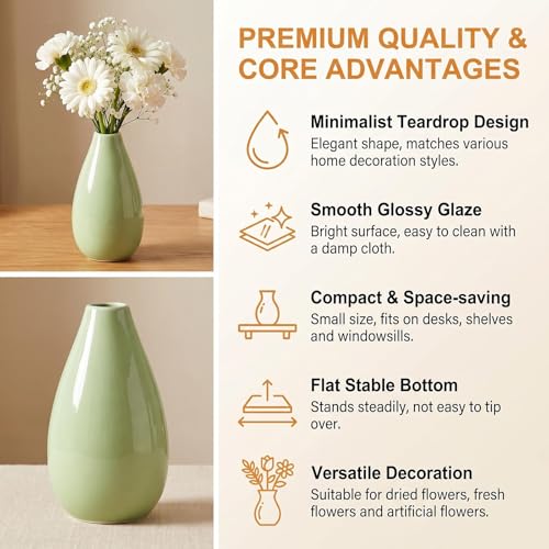 10.5cm/4.1 inch Tall Ceramic Bud Vase Mini Single Stem Small Flower Vase Small Mouth Floral Vases Decorative Shelf Centerpieces Floral Holder for Home Office Decor (Green) - color: Green
