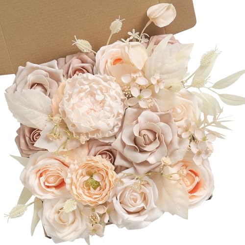 YYHUAWU Artificial Flowers Combo Set Fake Flower Leaf Box with Stems for DIY Wedding Bouquets Centerpieces Flower Arrangements Decorations Baby Shower Party Home Decorations - color: Gradient Champagne