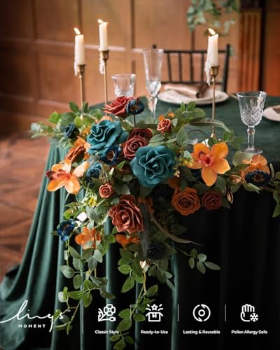 Ling's moment 9FT Flower Garland for Backdrop Decoration - Fall Wedding Arch Flowers, Eucalyptus & Rose, Artificial Floral Garland for Mantle - Sweetheart Table Decor for Ceremony, Teal & Orange - color: Or-dark Teal & Burnt Orange